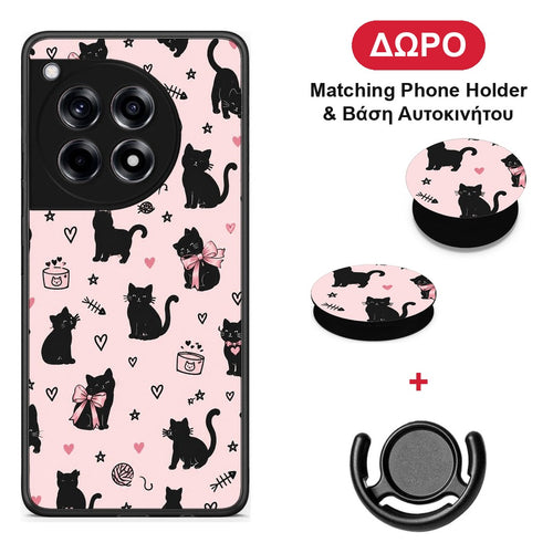 Black Cat Doodles on Pink - OnePlus 12R 5G θήκη + Δώρο Phone Holder & Βάση Αυτοκινήτου