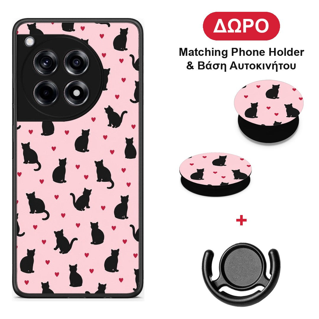 Black Cat Silhouettes and Hearts on Pink - OnePlus 12R 5G θήκη + Δώρο Phone Holder & Βάση Αυτοκινήτου