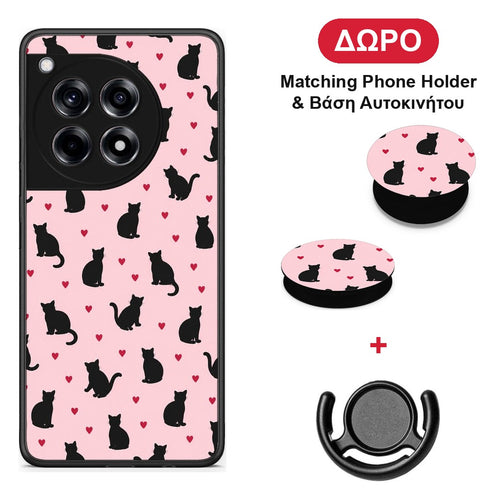 Black Cat Silhouettes and Hearts on Pink - OnePlus 12R 5G θήκη + Δώρο Phone Holder & Βάση Αυτοκινήτου