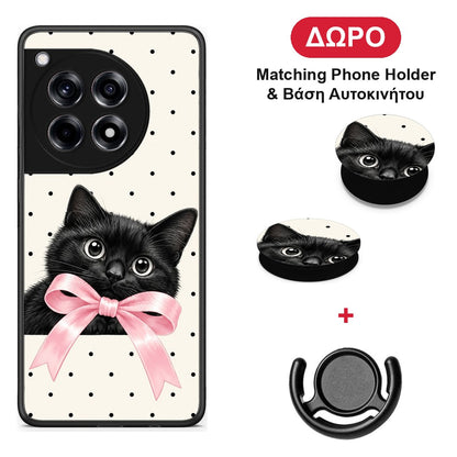 Black Kitten Pink Bow and Polka Dots - OnePlus 12R 5G θήκη + Δώρο Phone Holder & Βάση Αυτοκινήτου
