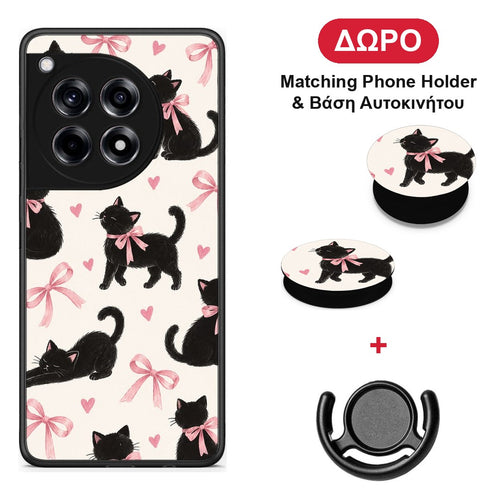 Black Kittens and Pink Bows on Cream Large - OnePlus 12R 5G θήκη + Δώρο Phone Holder & Βάση Αυτοκινήτου