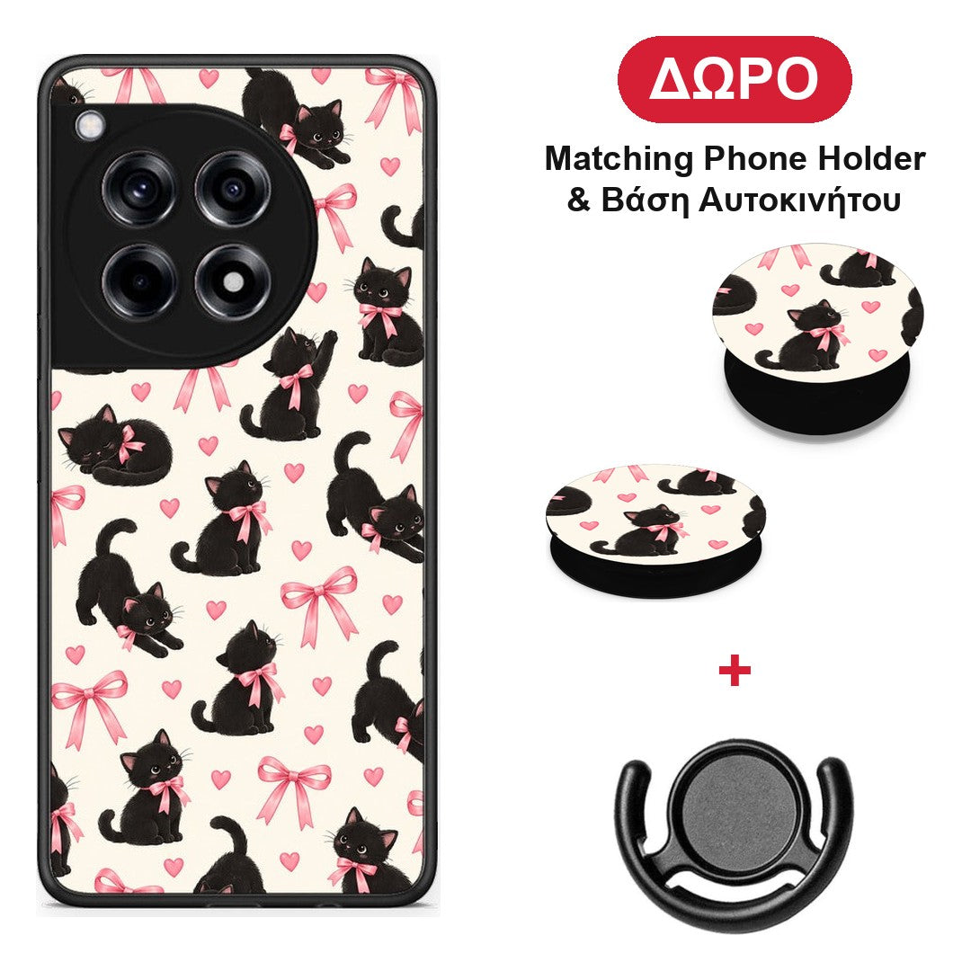 Black Kittens and Pink Bows on Cream Small - OnePlus 12R 5G θήκη + Δώρο Phone Holder & Βάση Αυτοκινήτου