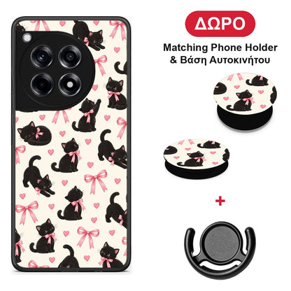 Black Kittens and Pink Bows on Cream Small - OnePlus 12R 5G θήκη + Δώρο Phone Holder & Βάση Αυτοκινήτου