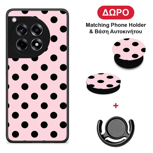 Black Polka Dots on Pink - OnePlus 12R 5G θήκη + Δώρο Phone Holder & Βάση Αυτοκινήτου