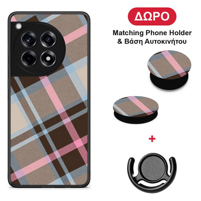 Brown Pink and Blue Diagonal Plaid - OnePlus 12R 5G θήκη + Δώρο Phone Holder & Βάση Αυτοκινήτου