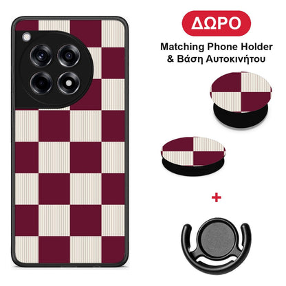 Burgundy and Cream Striped Checks - OnePlus 12R 5G θήκη + Δώρο Phone Holder & Βάση Αυτοκινήτου
