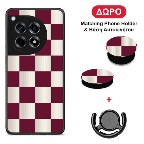 Burgundy and Cream Striped Checks - OnePlus 12R 5G θήκη + Δώρο Phone Holder & Βάση Αυτοκινήτου
