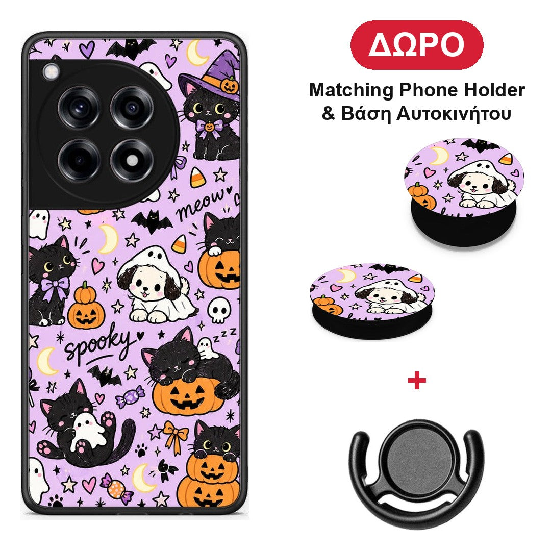 Halloween Black Cats on Lilac - OnePlus 12R 5G θήκη + Δώρο Phone Holder & Βάση Αυτοκινήτου