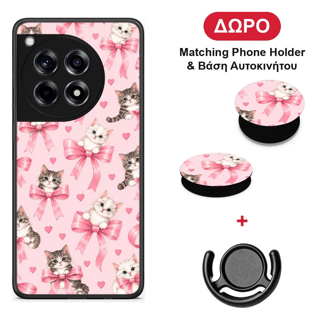 Kittens and Pink Bows on Pink - OnePlus 12R 5G θήκη + Δώρο Phone Holder & Βάση Αυτοκινήτου