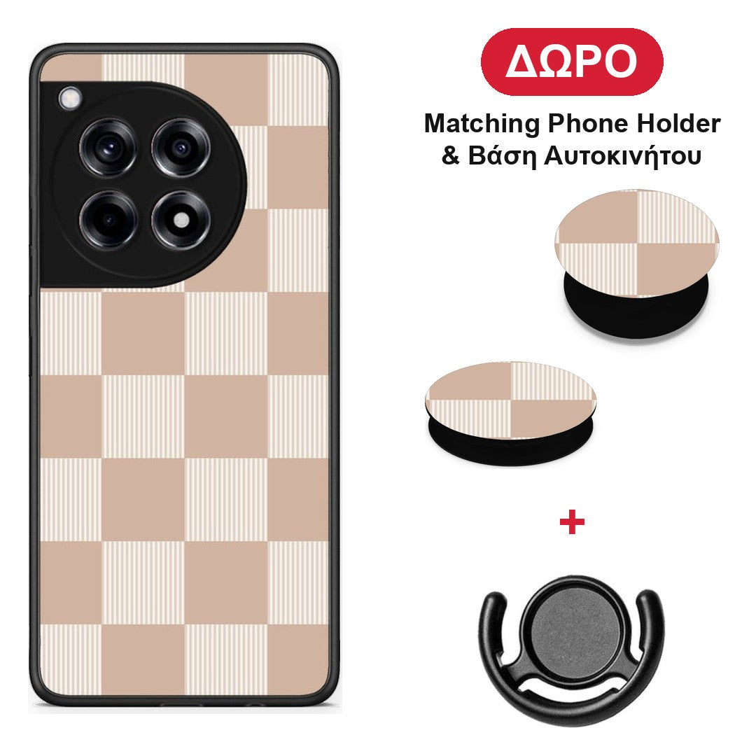 Latte and Cream Striped Checks - OnePlus 12R 5G θήκη + Δώρο Phone Holder & Βάση Αυτοκινήτου