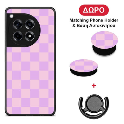 Lavender and Pink Checkerboard - OnePlus 12R 5G θήκη + Δώρο Phone Holder & Βάση Αυτοκινήτου