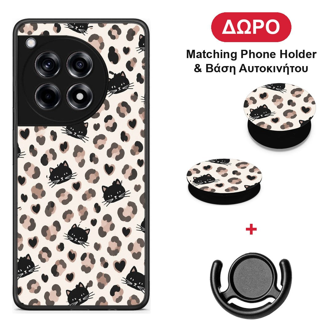 Leopard Spots and Black Cats on Cream - OnePlus 12R 5G θήκη + Δώρο Phone Holder & Βάση Αυτοκινήτου
