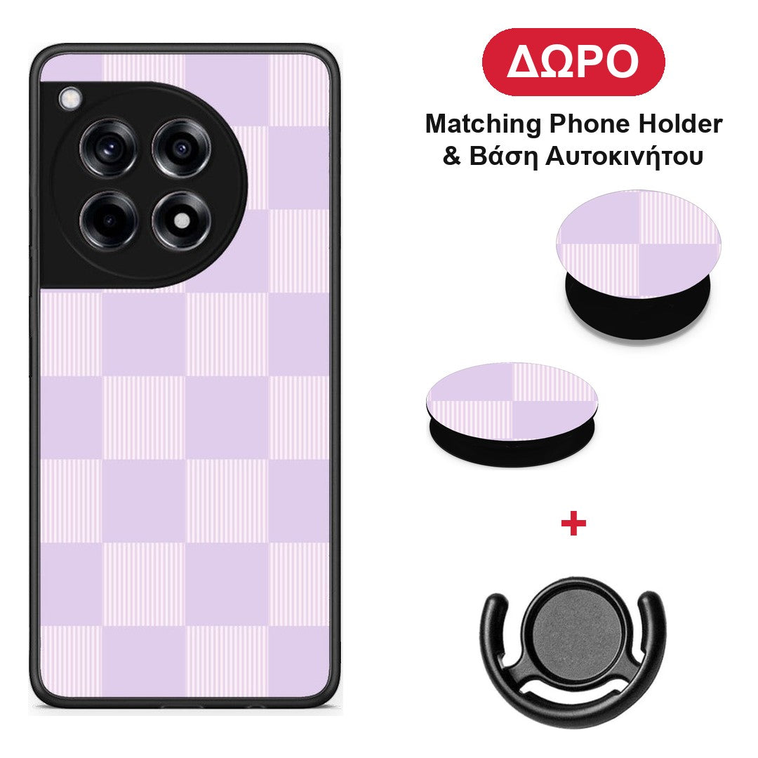 Lilac and Cream Striped Checks - OnePlus 12R 5G θήκη + Δώρο Phone Holder & Βάση Αυτοκινήτου