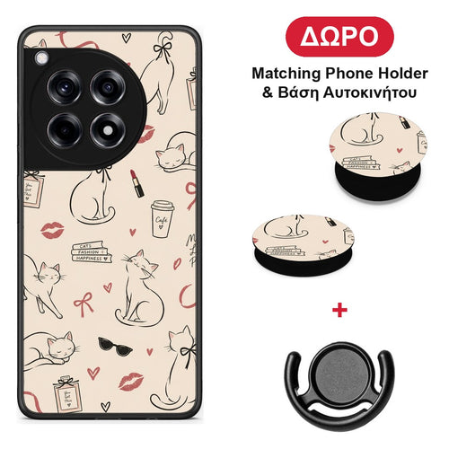 Minimal Cat and Fashion Doodles on Cream - OnePlus 12R 5G θήκη + Δώρο Phone Holder & Βάση Αυτοκινήτου