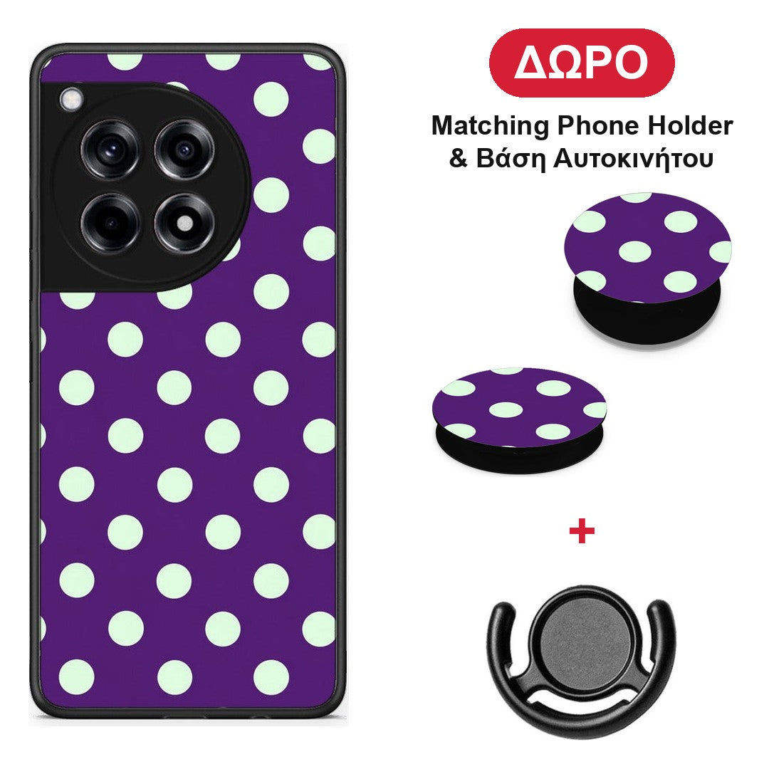 Mint Polka Dots on Purple - OnePlus 12R 5G θήκη + Δώρο Phone Holder & Βάση Αυτοκινήτου