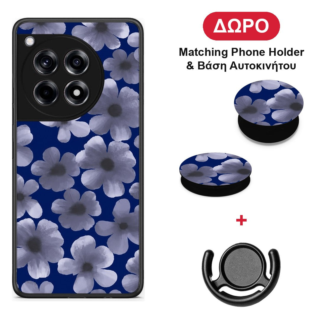Pale Blue Flowers on Navy - OnePlus 12R 5G θήκη + Δώρο Phone Holder & Βάση Αυτοκινήτου