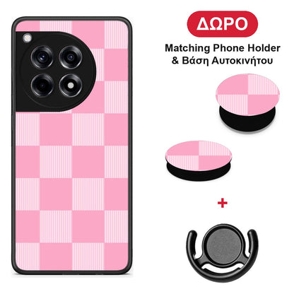 Pink and White Striped Checks - OnePlus 12R 5G θήκη + Δώρο Phone Holder & Βάση Αυτοκινήτου