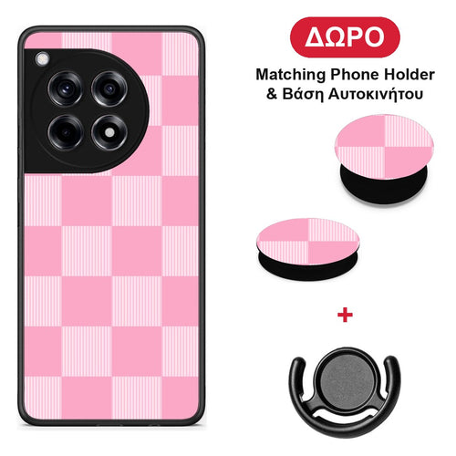 Pink and White Striped Checks - OnePlus 12R 5G θήκη + Δώρο Phone Holder & Βάση Αυτοκινήτου