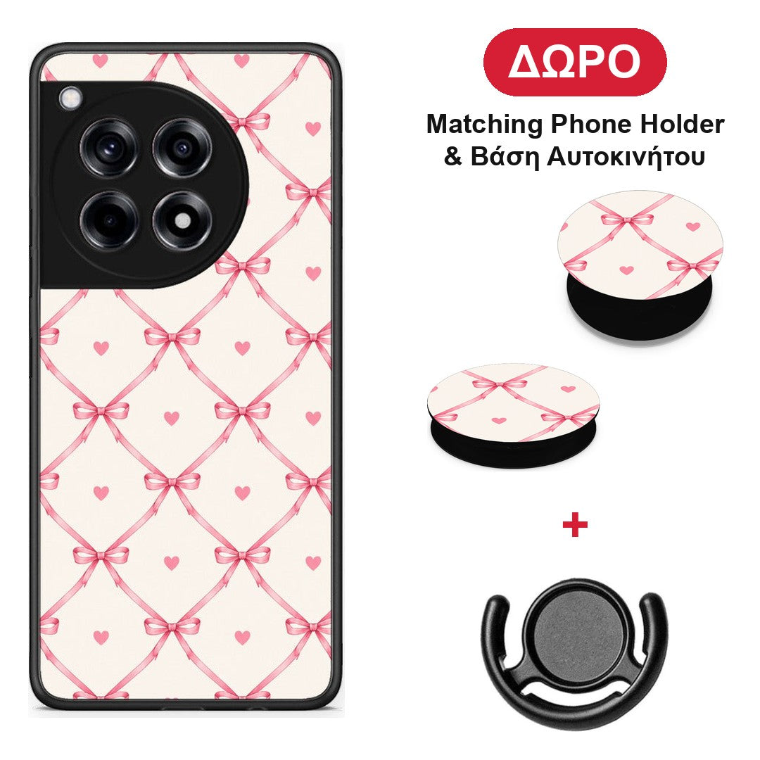 Pink Bow Lattice and Hearts on Cream - OnePlus 12R 5G θήκη + Δώρο Phone Holder & Βάση Αυτοκινήτου