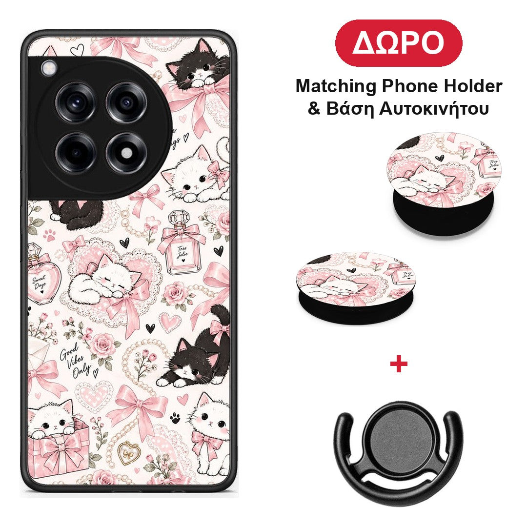 Pink Bows and Kittens Collage - OnePlus 12R 5G θήκη + Δώρο Phone Holder & Βάση Αυτοκινήτου