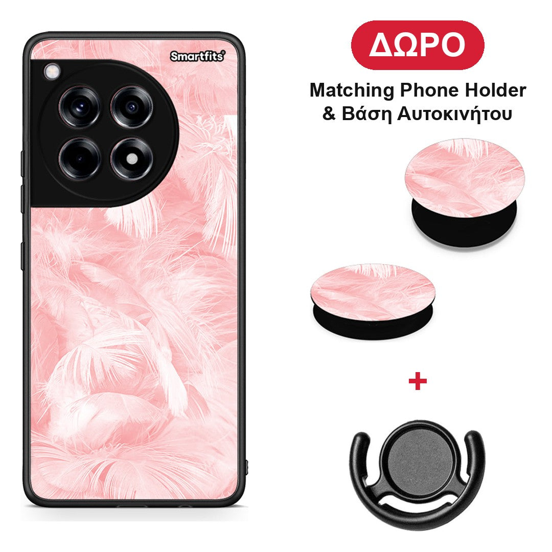 Boho Pink Feather - OnePlus 12R 5G θήκη + Δώρο Phone Holder & Βάση Αυτοκινήτου