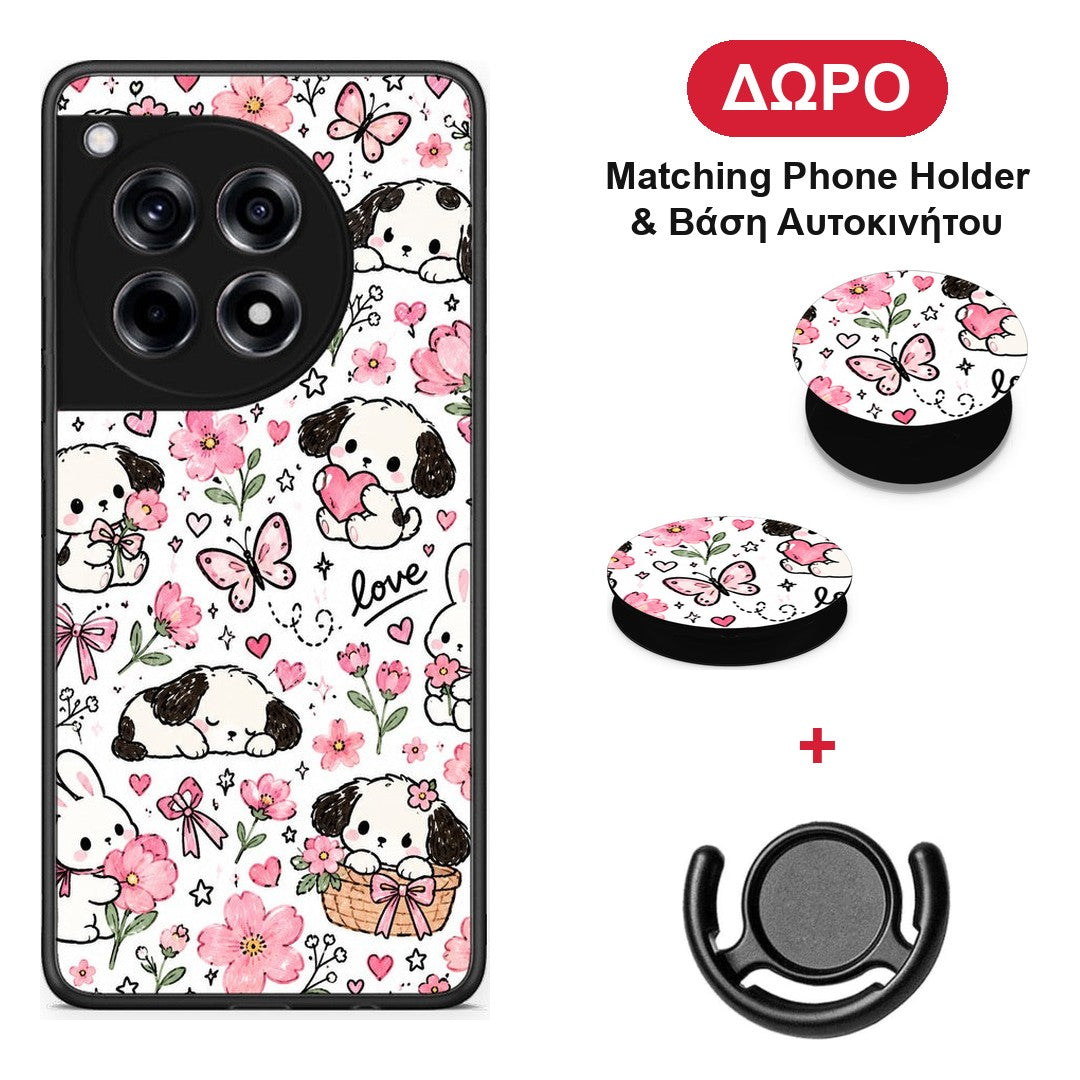 Pink Florals Puppies and Bunnies on White - OnePlus 12R 5G θήκη + Δώρο Phone Holder & Βάση Αυτοκινήτου