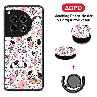 Pink Florals Puppies and Bunnies on White - OnePlus 12R 5G θήκη + Δώρο Phone Holder & Βάση Αυτοκινήτου