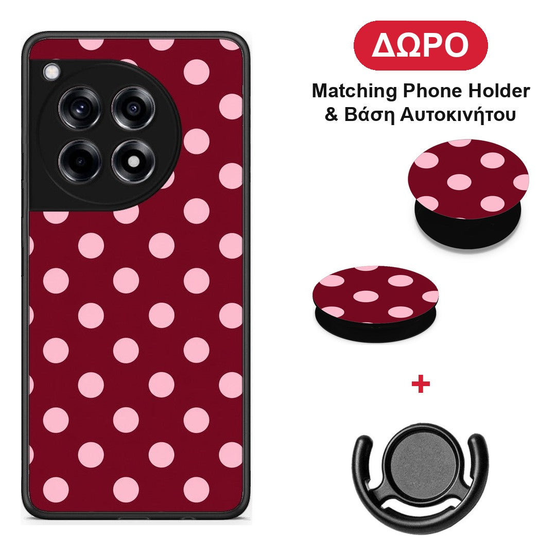 Pink Polka Dots on Burgundy - OnePlus 12R 5G θήκη + Δώρο Phone Holder & Βάση Αυτοκινήτου
