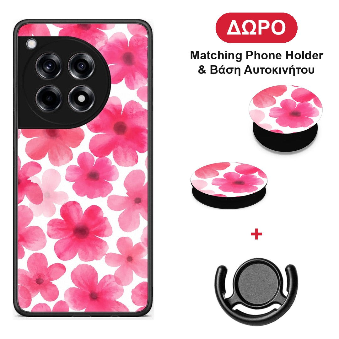 Pink Watercolour Flowers on White - OnePlus 12R 5G θήκη + Δώρο Phone Holder & Βάση Αυτοκινήτου