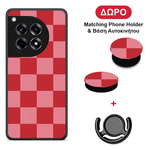 Red and Pink Striped Checks - OnePlus 12R 5G θήκη + Δώρο Phone Holder & Βάση Αυτοκινήτου