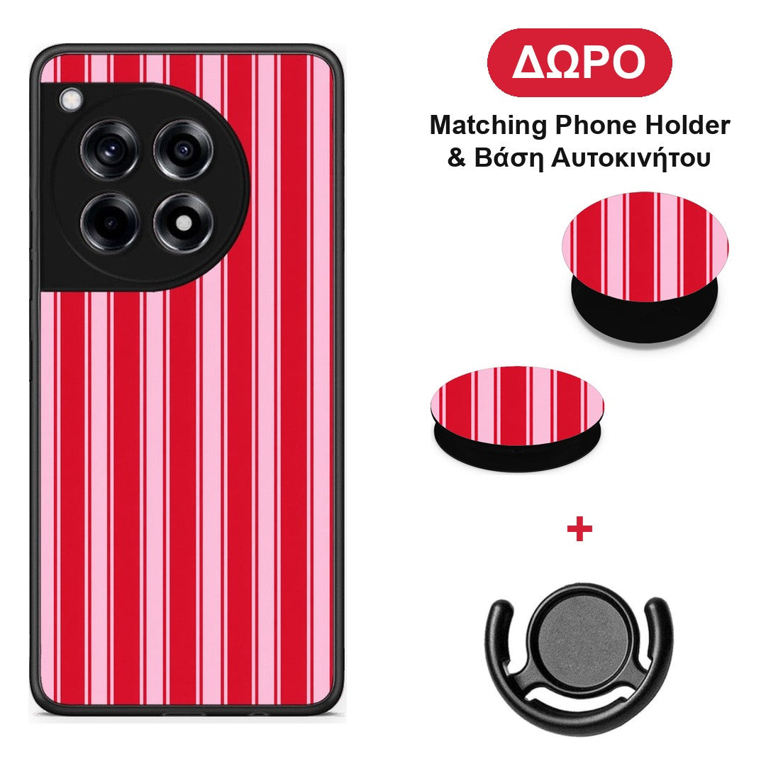 Red and Pink Vertical Pinstripes - OnePlus 12R 5G θήκη + Δώρο Phone Holder & Βάση Αυτοκινήτου