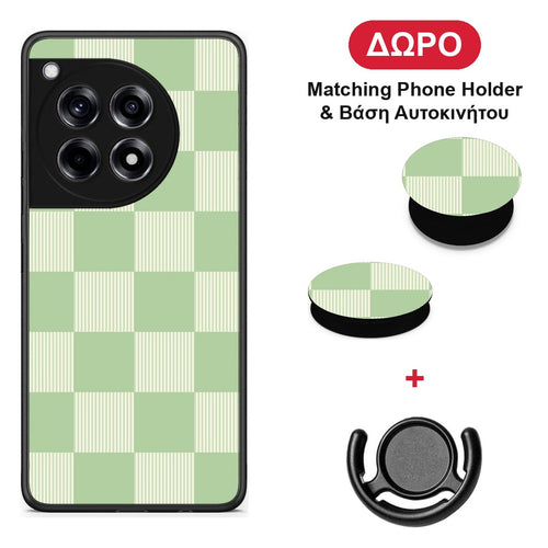 Sage and Cream Striped Checks - OnePlus 12R 5G θήκη + Δώρο Phone Holder & Βάση Αυτοκινήτου