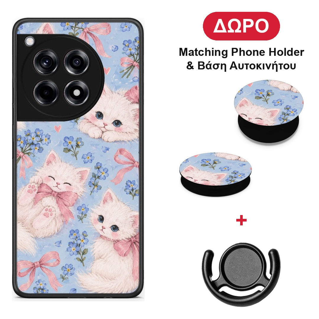 White Kittens and Blue Flowers Large - OnePlus 12R 5G θήκη + Δώρο Phone Holder & Βάση Αυτοκινήτου