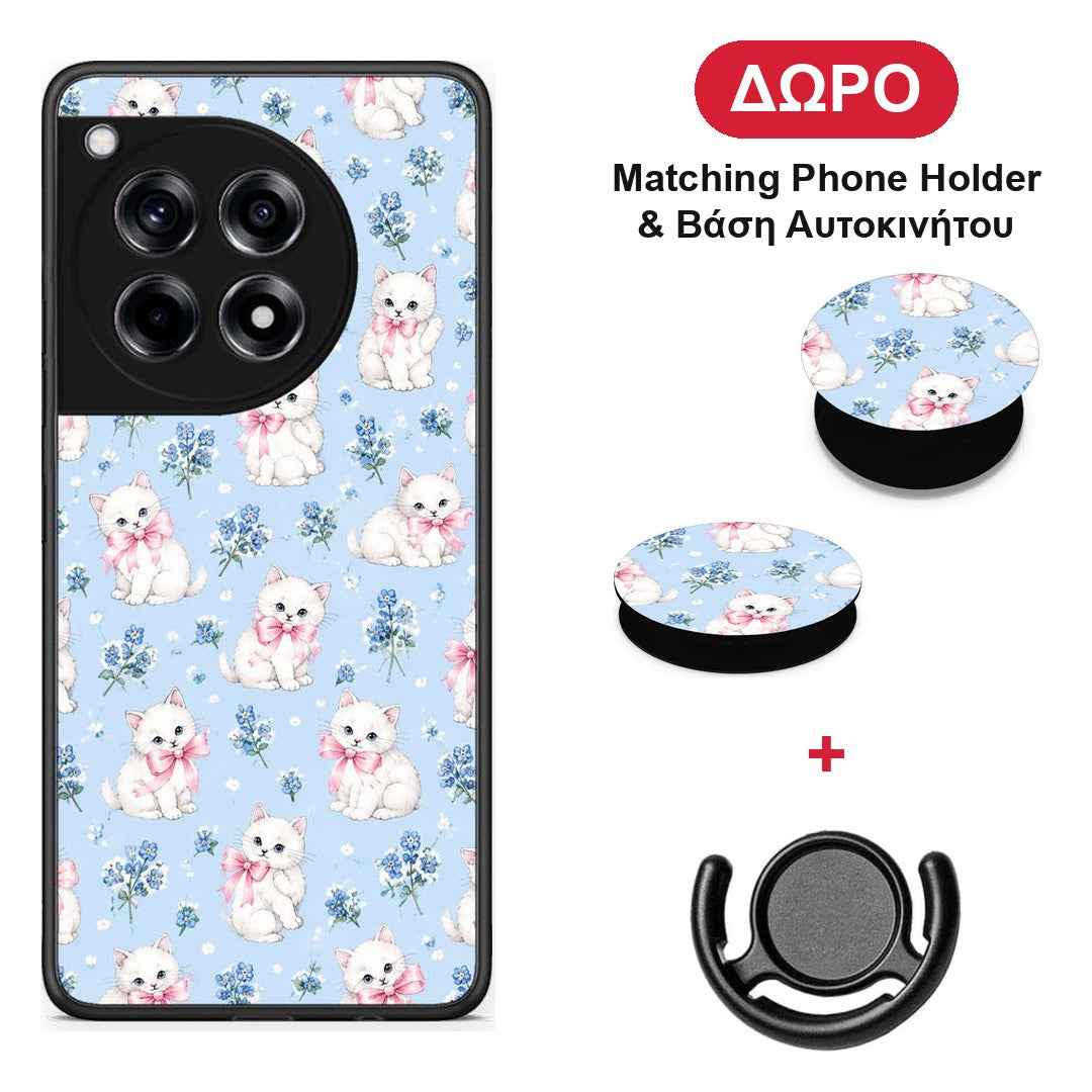 White Kittens and Blue Flowers Small - OnePlus 12R 5G θήκη + Δώρο Phone Holder & Βάση Αυτοκινήτου