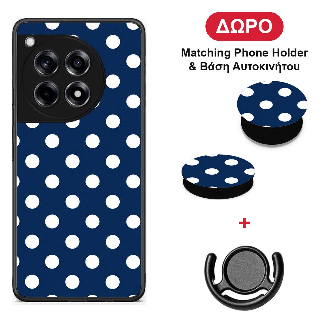 White Large Polka Dots on Navy - OnePlus 12R 5G θήκη + Δώρο Phone Holder & Βάση Αυτοκινήτου