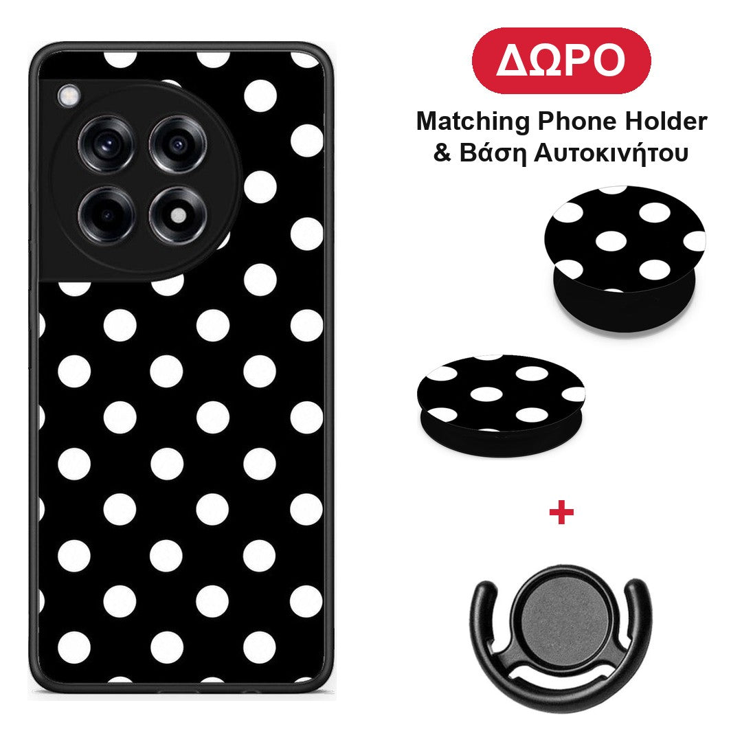 White Polka Dots on Black - OnePlus 12R 5G θήκη + Δώρο Phone Holder & Βάση Αυτοκινήτου