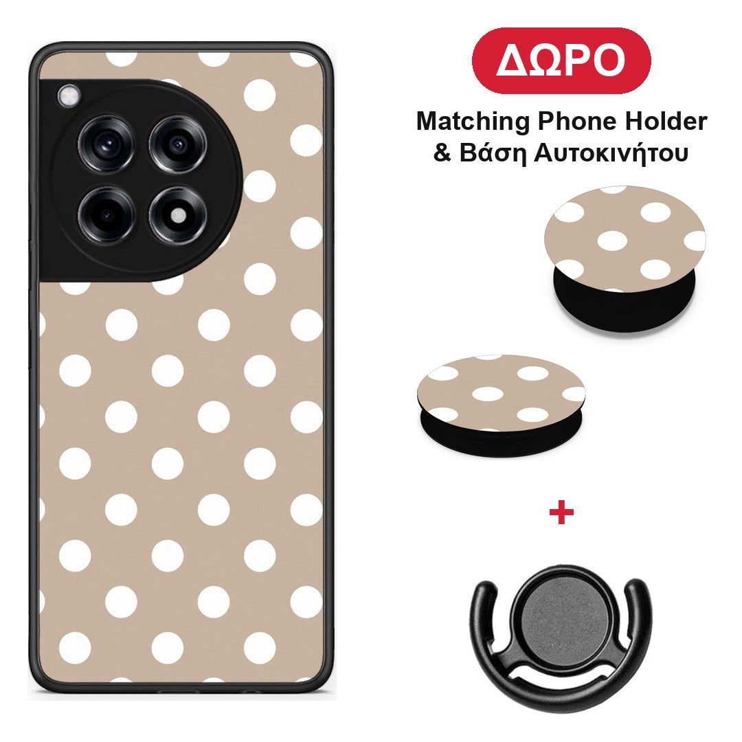 White Polka Dots on Taupe - OnePlus 12R 5G θήκη + Δώρο Phone Holder & Βάση Αυτοκινήτου