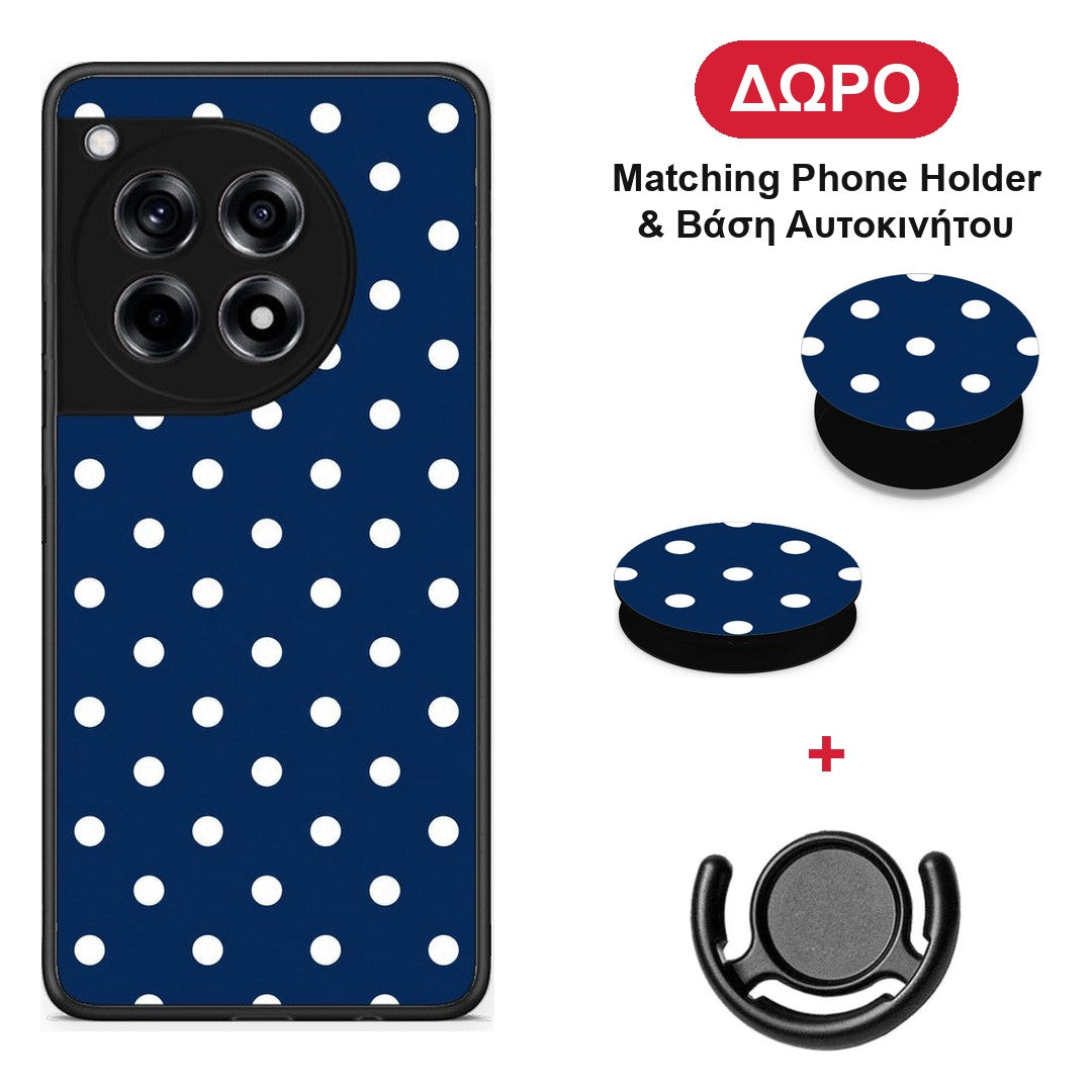 White Small Polka Dots on Navy - OnePlus 12R 5G θήκη + Δώρο Phone Holder & Βάση Αυτοκινήτου