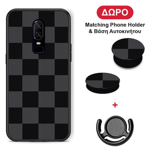 Black and Charcoal Striped Checks - OnePlus 6 θήκη + Δώρο Phone Holder & Βάση Αυτοκινήτου