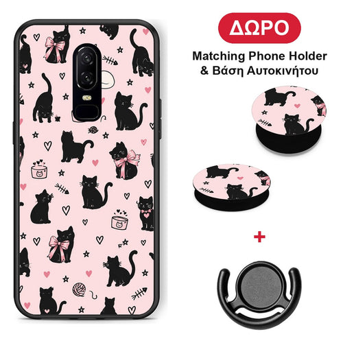 Black Cat Doodles on Pink - OnePlus 6 θήκη + Δώρο Phone Holder & Βάση Αυτοκινήτου