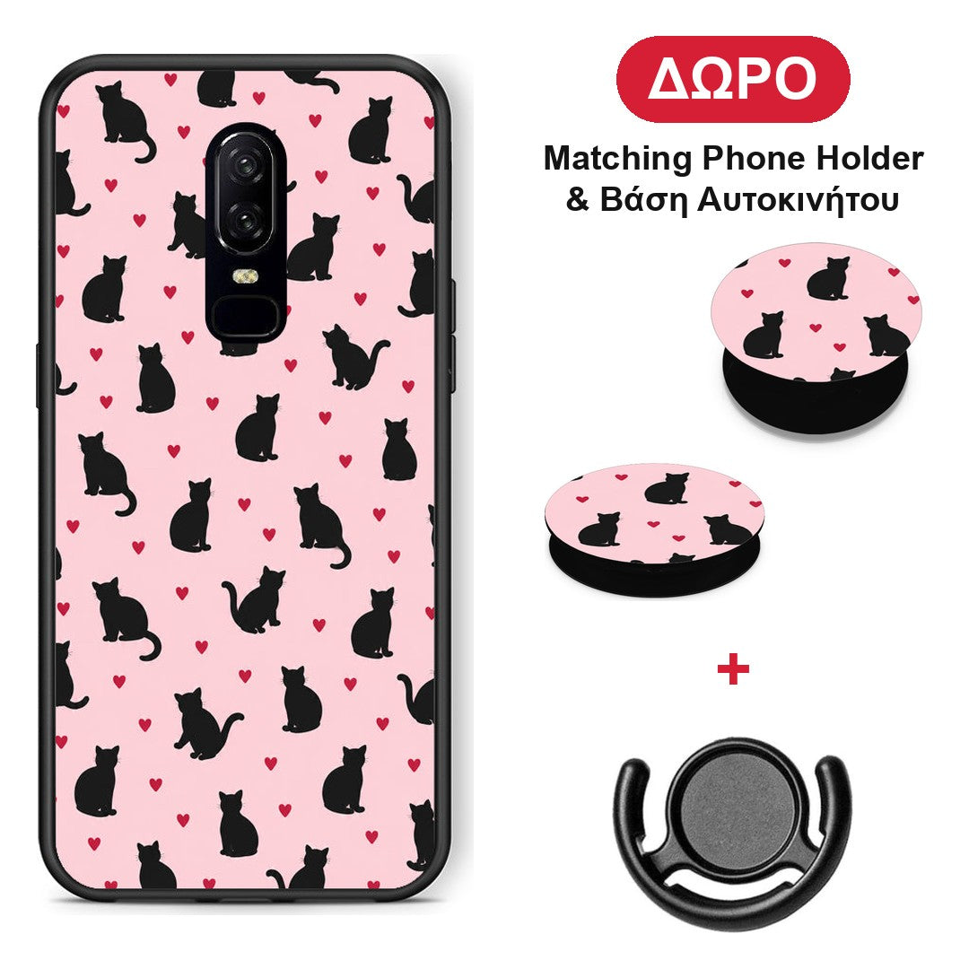 Black Cat Silhouettes and Hearts on Pink - OnePlus 6 θήκη + Δώρο Phone Holder & Βάση Αυτοκινήτου