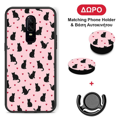Black Cat Silhouettes and Hearts on Pink - OnePlus 6 θήκη + Δώρο Phone Holder & Βάση Αυτοκινήτου