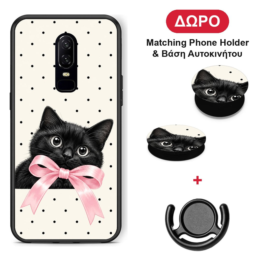 Black Kitten Pink Bow and Polka Dots - OnePlus 6 θήκη + Δώρο Phone Holder & Βάση Αυτοκινήτου