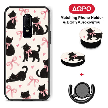 Black Kittens and Pink Bows on Cream Large - OnePlus 6 θήκη + Δώρο Phone Holder & Βάση Αυτοκινήτου