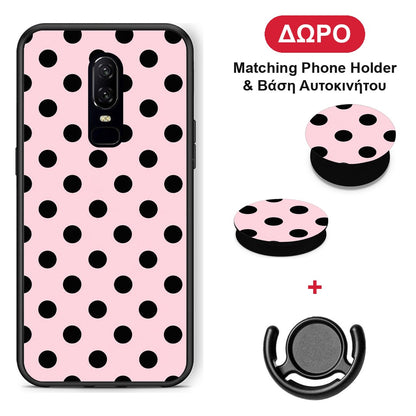 Black Polka Dots on Pink - OnePlus 6 θήκη + Δώρο Phone Holder & Βάση Αυτοκινήτου