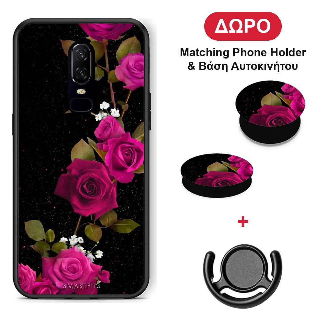 Flower Red Roses - OnePlus 6 θήκη + Δώρο Phone Holder & Βάση Αυτοκινήτου