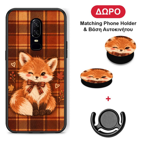 Fox on Autumn Tartan - OnePlus 6 θήκη + Δώρο Phone Holder & Βάση Αυτοκινήτου