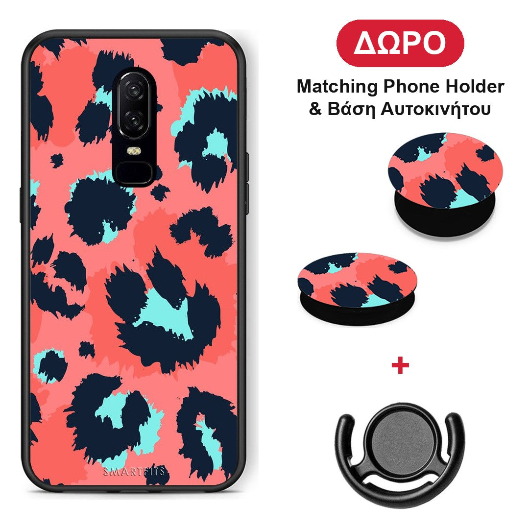 Animal Pink Leopard - OnePlus 6 θήκη + Δώρο Phone Holder & Βάση Αυτοκινήτου