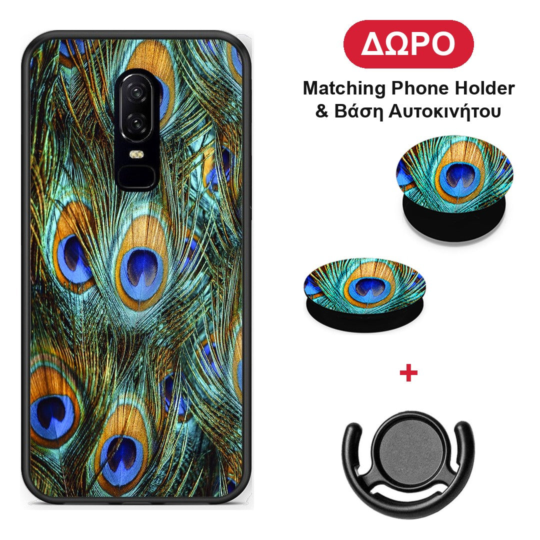 Real Peacock Feathers - OnePlus 6 θήκη + Δώρο Phone Holder & Βάση Αυτοκινήτου