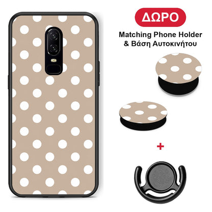 White Polka Dots on Taupe - OnePlus 6 θήκη + Δώρο Phone Holder & Βάση Αυτοκινήτου